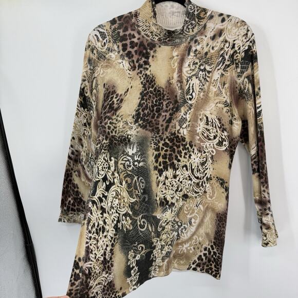 Cache animal artsy pattern knit high neck top size large Brown Gold Long Sleeve - Picture 6 of 11